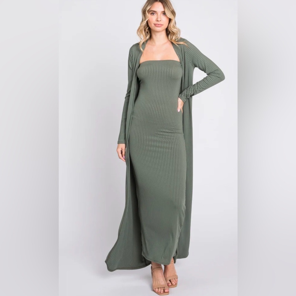 Pinkblush Maternity Olive Ribbed Sleeveless Dress Cardigan Maternity Set
